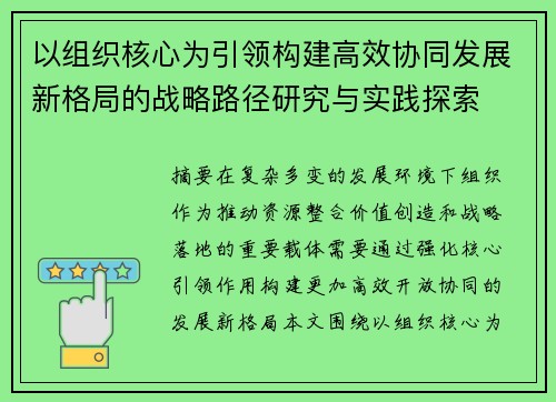 以组织核心为引领构建高效协同发展新格局的战略路径研究与实践探索 以组织核心为引领构建高效协同发展新格局的战略路径研究与实践探索